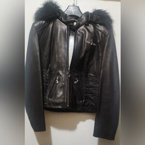 Baby Phat Black Leather Jacket with Fur Trim